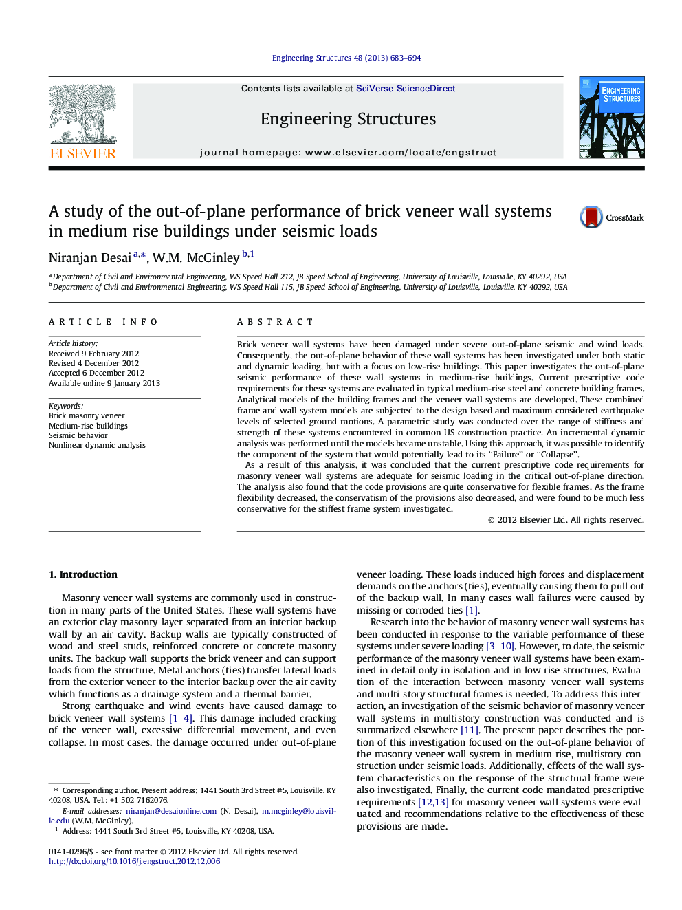 A study of the out-of-plane performance of brick veneer wall systems in medium rise buildings under seismic loads