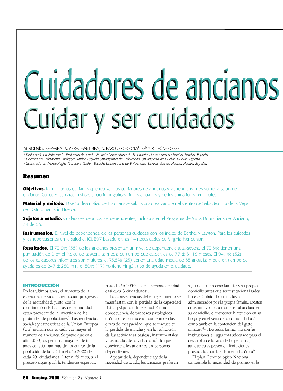 Cuidadores de ancianos dependientes. Cuidar y ser cuidados