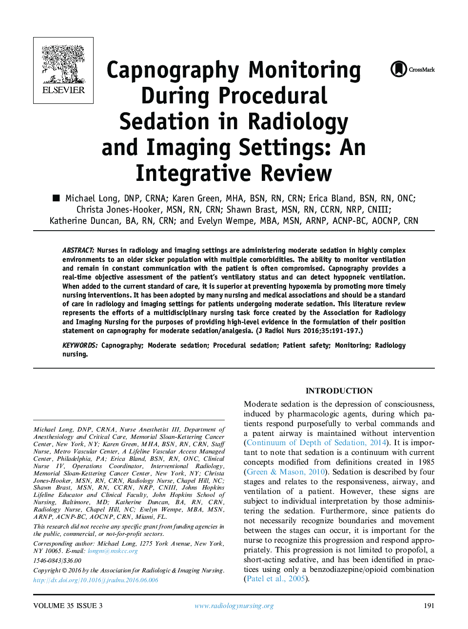 Capnography Monitoring During Procedural Sedation in Radiology and Imaging Settings: An Integrative Review 