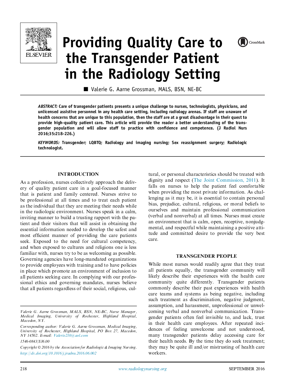 Providing Quality Care to the Transgender Patient in the Radiology Setting