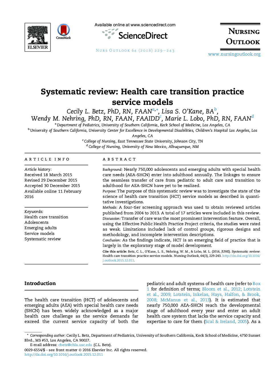 Systematic review: Health care transition practice service models