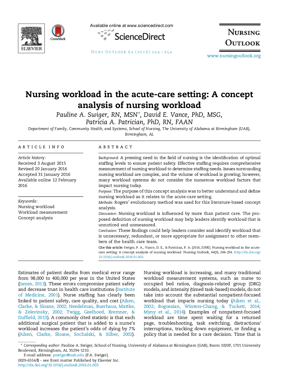 Nursing workload in the acute-care setting: A concept analysis of nursing workload