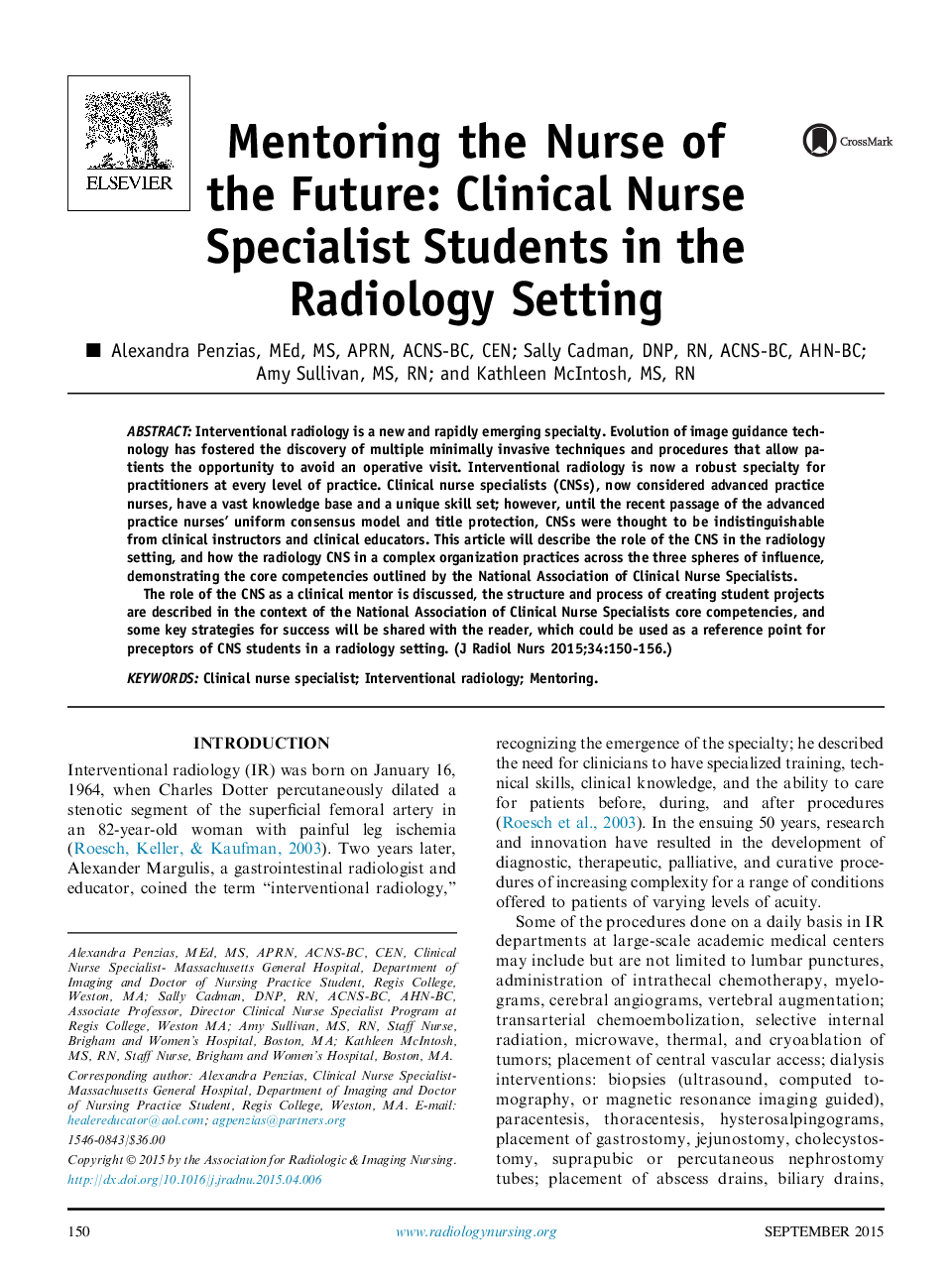 Mentoring the Nurse of the Future: Clinical Nurse Specialist Students in the Radiology Setting
