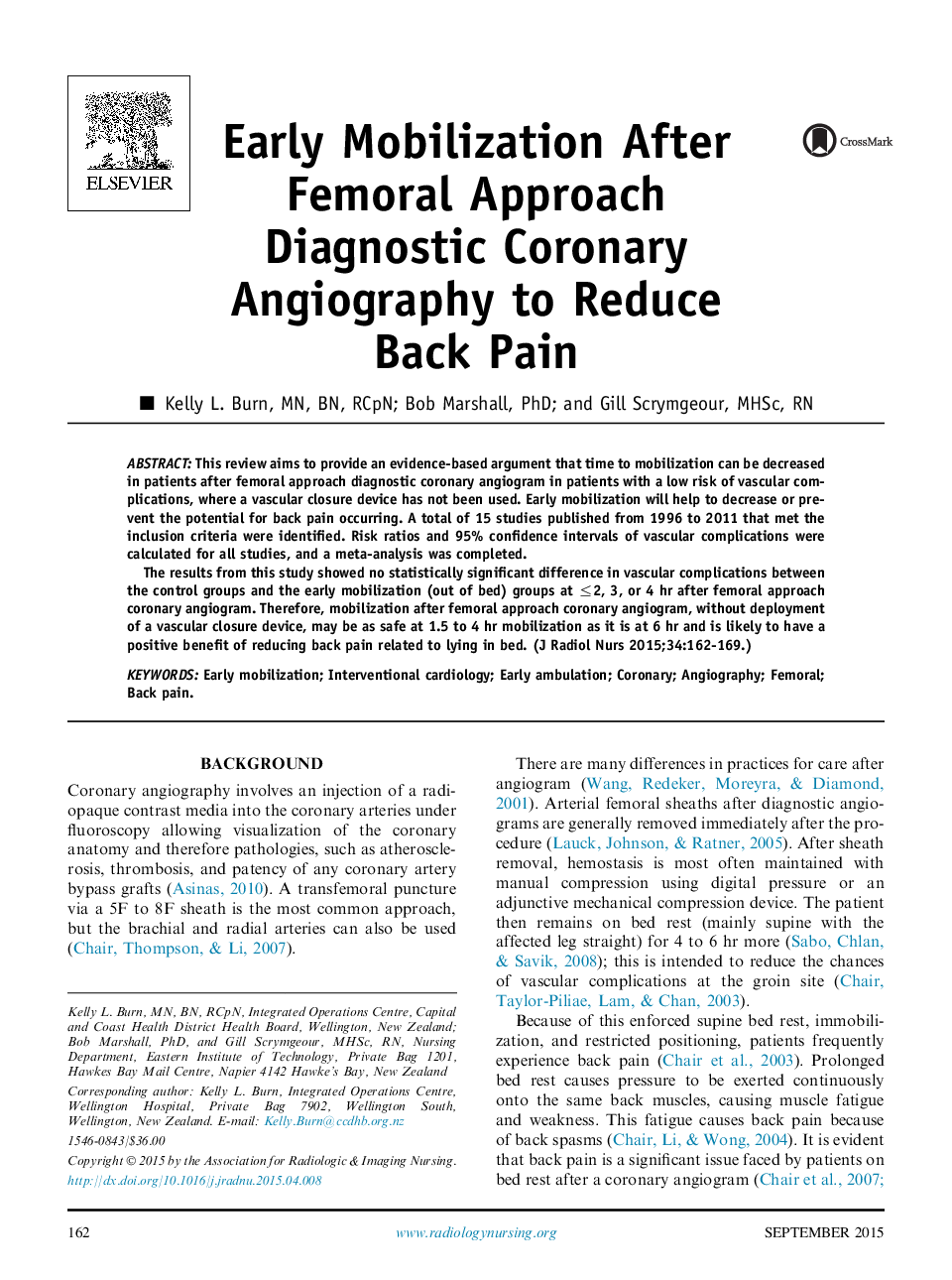 Early Mobilization After Femoral Approach Diagnostic Coronary Angiography to Reduce Back Pain