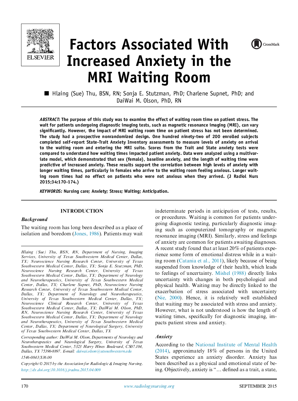 Factors Associated With Increased Anxiety in the MRI Waiting Room