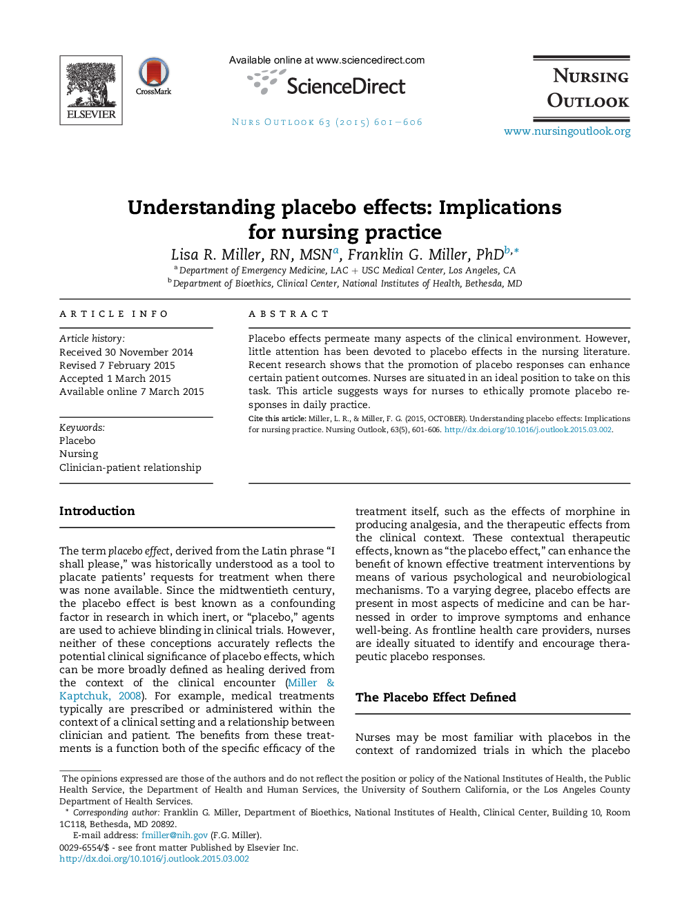 Understanding placebo effects: Implications for nursing practice 