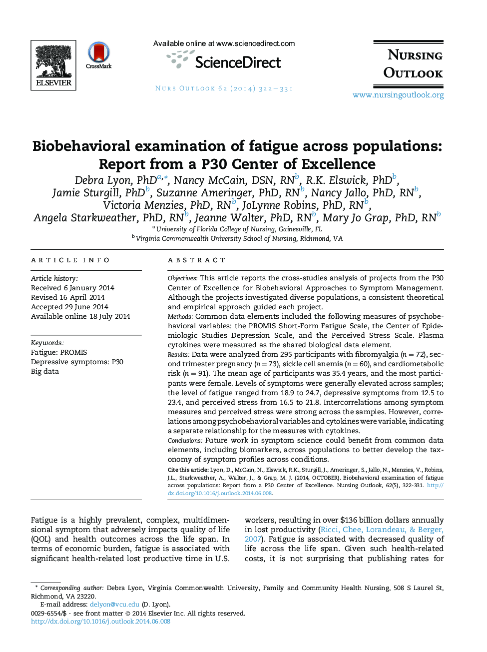 Biobehavioral examination of fatigue across populations: Report from a P30 Center of Excellence