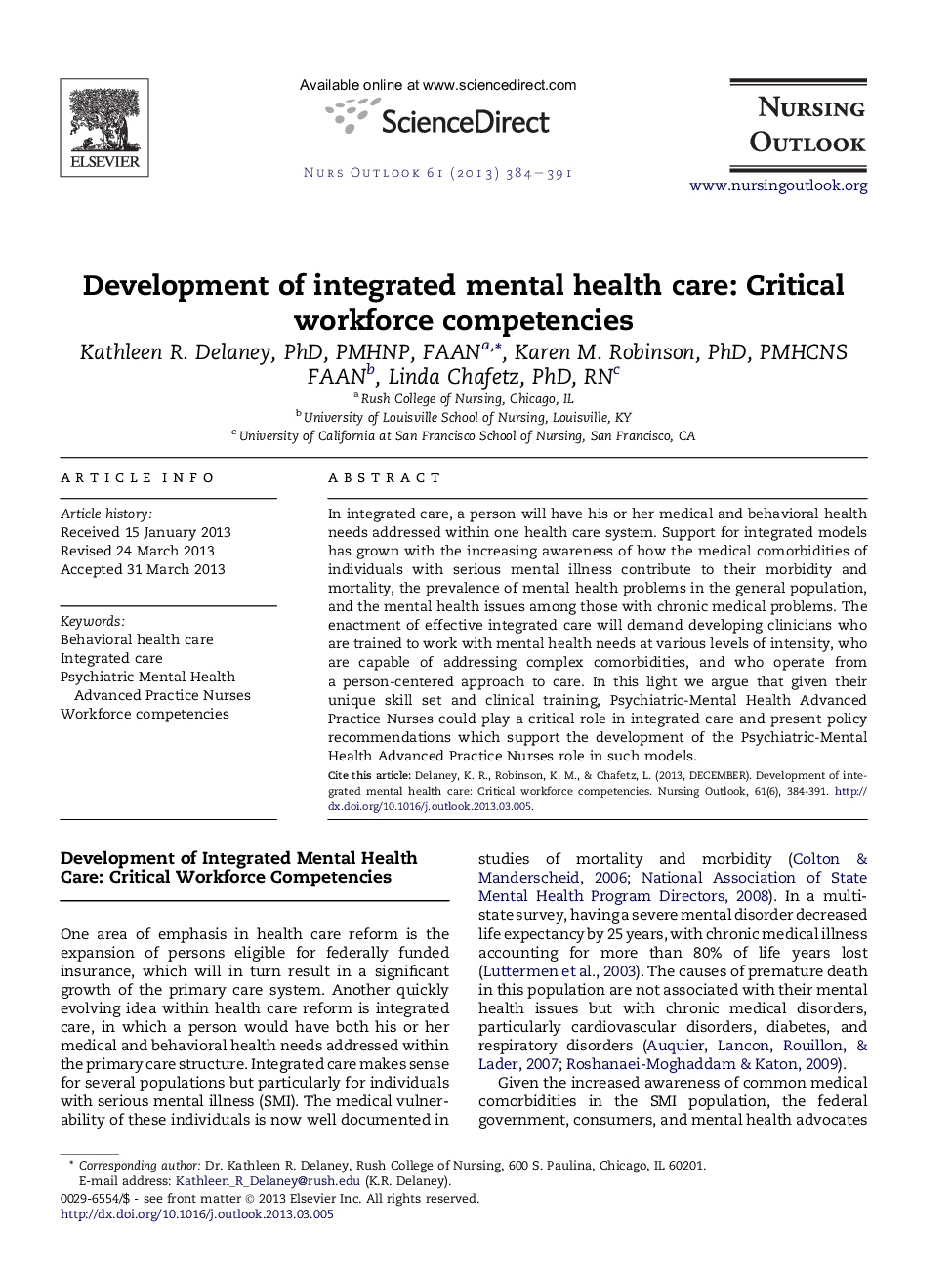Development of integrated mental health care: Critical workforce competencies