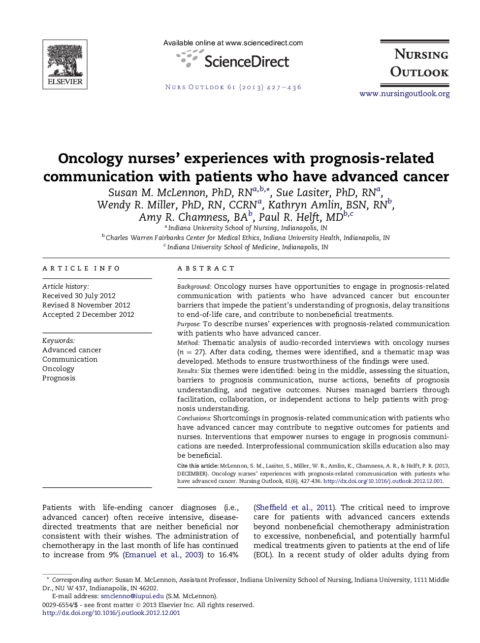 Oncology nurses' experiences with prognosis-related communication with patients who have advanced cancer