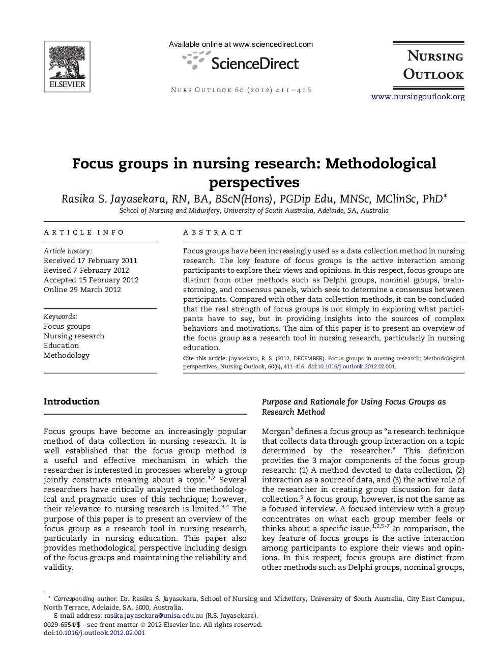 Focus groups in nursing research: Methodological perspectives