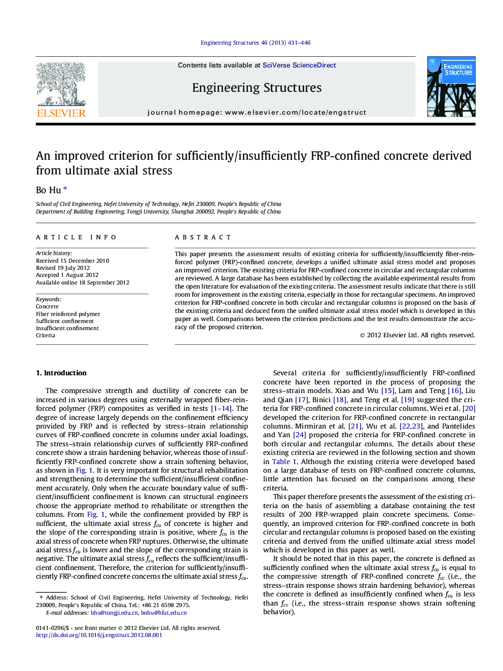 An improved criterion for sufficiently/insufficiently FRP-confined concrete derived from ultimate axial stress