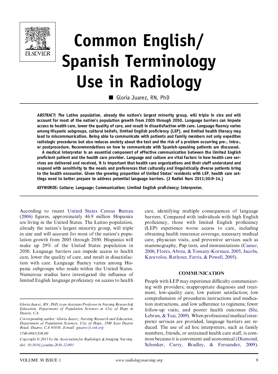 Common English/Spanish Terminology Use in Radiology