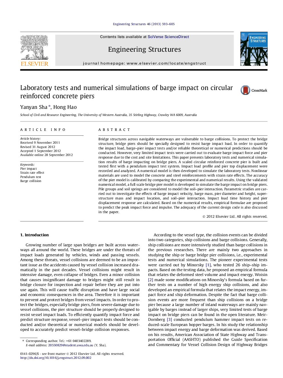 Laboratory tests and numerical simulations of barge impact on circular reinforced concrete piers