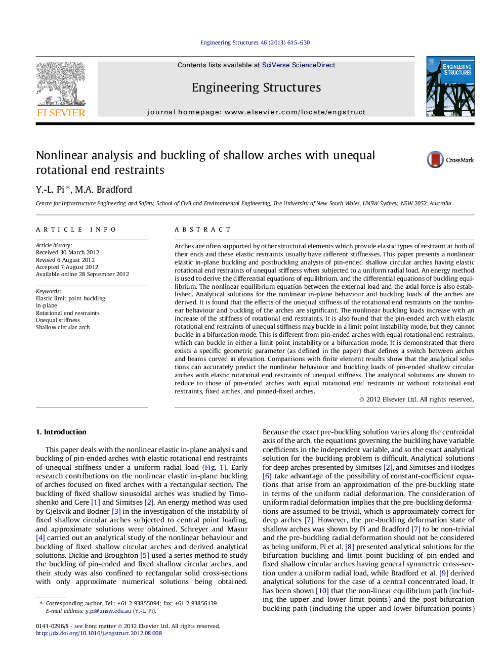 Nonlinear analysis and buckling of shallow arches with unequal rotational end restraints