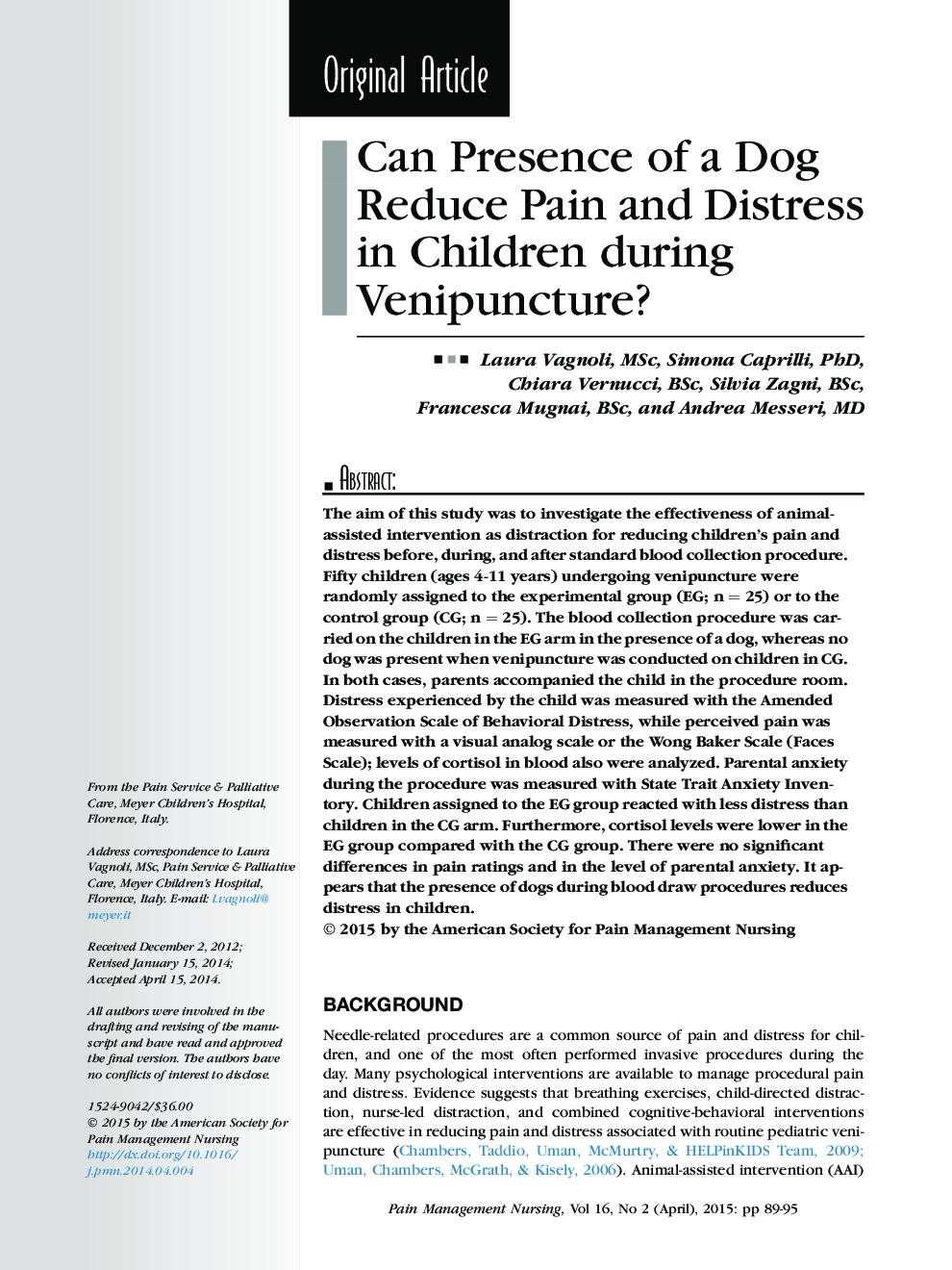 Can Presence of a Dog Reduce Pain and Distress in Children during Venipuncture? 