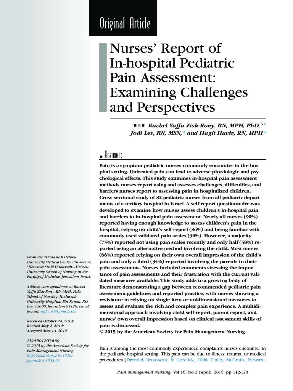 Nurses' Report of In-hospital Pediatric Pain Assessment: Examining Challenges and Perspectives