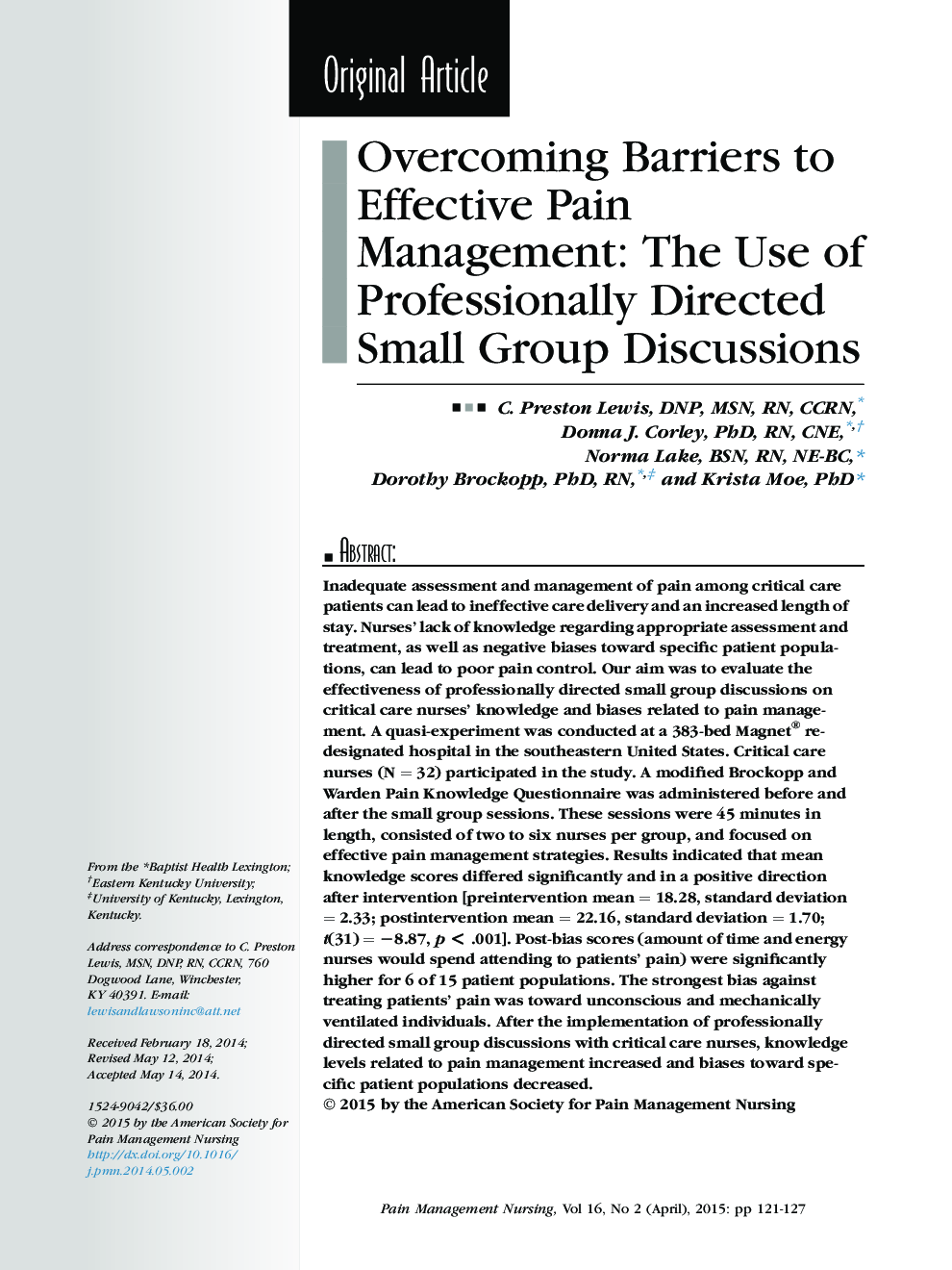 Overcoming Barriers to Effective Pain Management: The Use of Professionally Directed Small Group Discussions