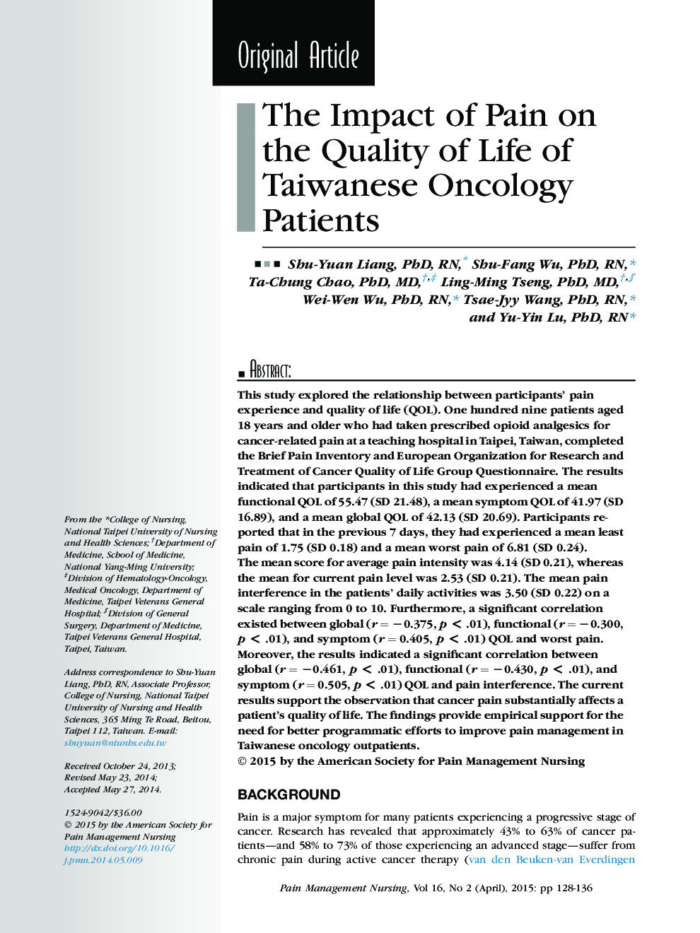 The Impact of Pain on the Quality of Life of Taiwanese Oncology Patients