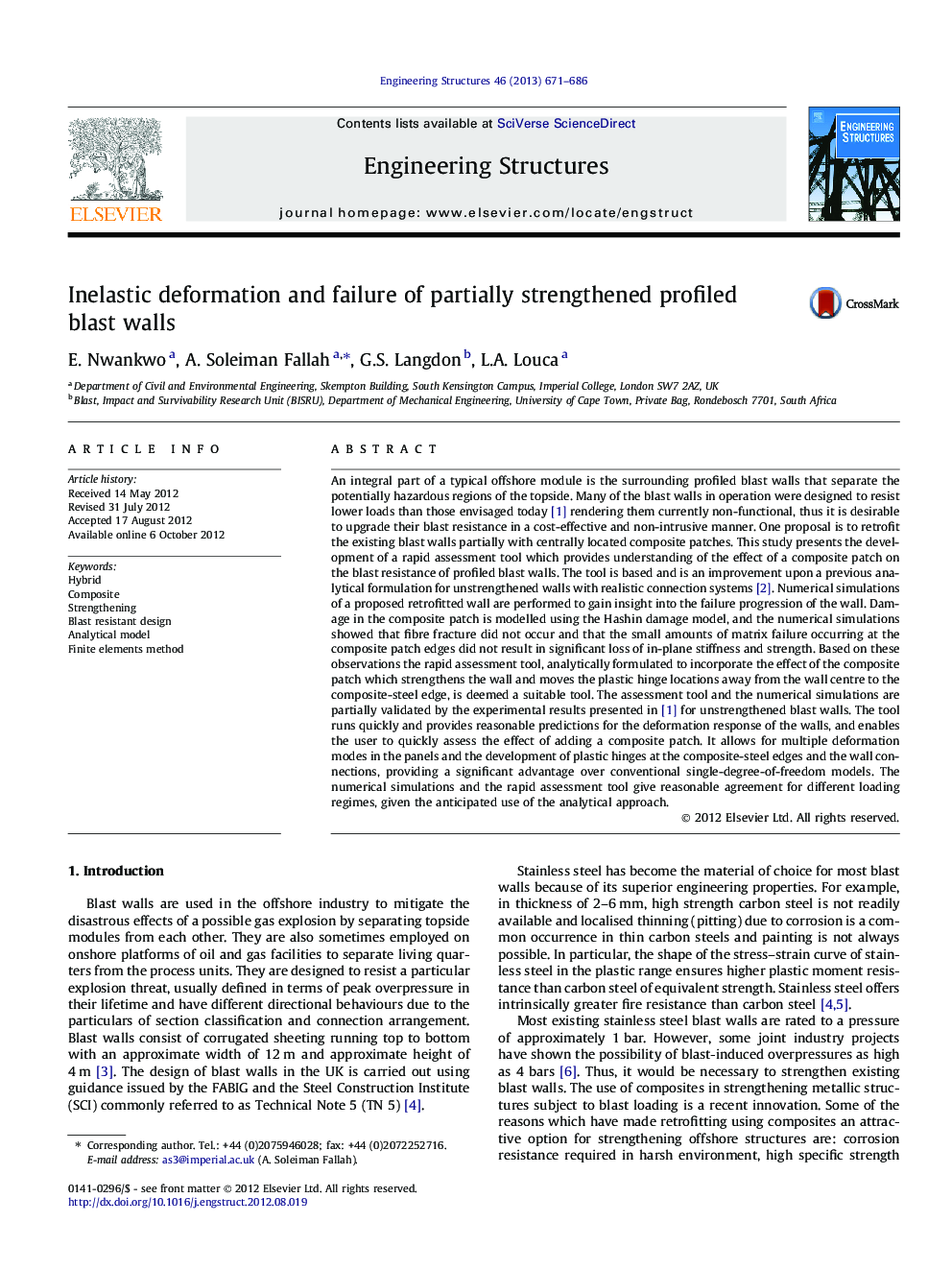 Inelastic deformation and failure of partially strengthened profiled blast walls