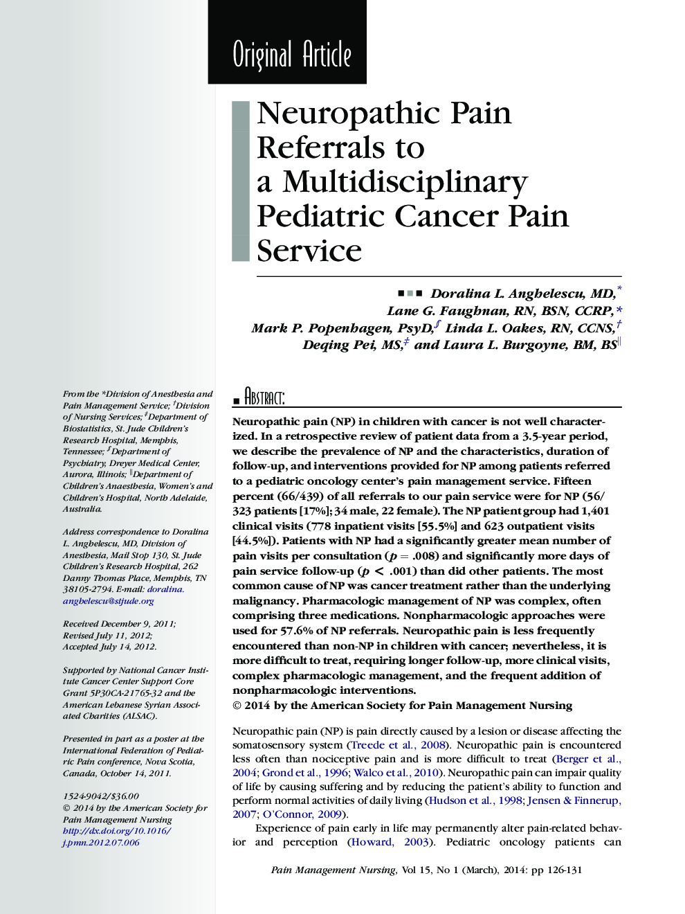 Neuropathic Pain Referrals to a Multidisciplinary Pediatric Cancer Pain Service 