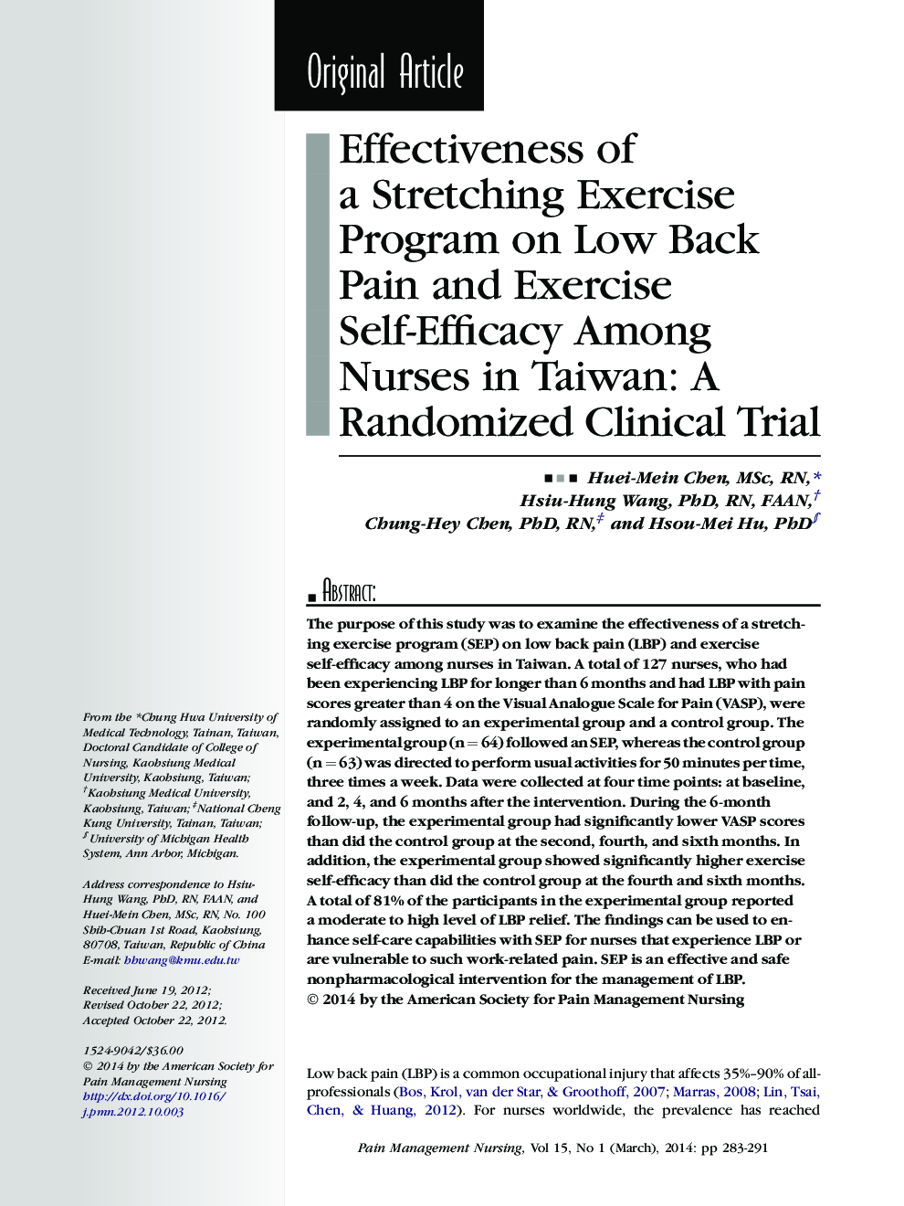 Effectiveness of a Stretching Exercise Program on Low Back Pain and Exercise Self-Efficacy Among Nurses in Taiwan: A Randomized Clinical Trial