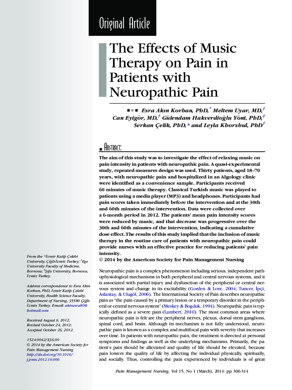 The Effects of Music Therapy on Pain in Patients with Neuropathic Pain