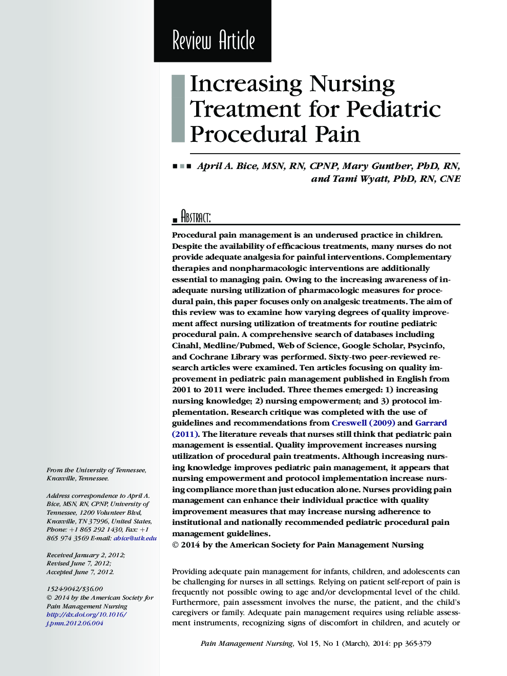 Increasing Nursing Treatment for Pediatric Procedural Pain