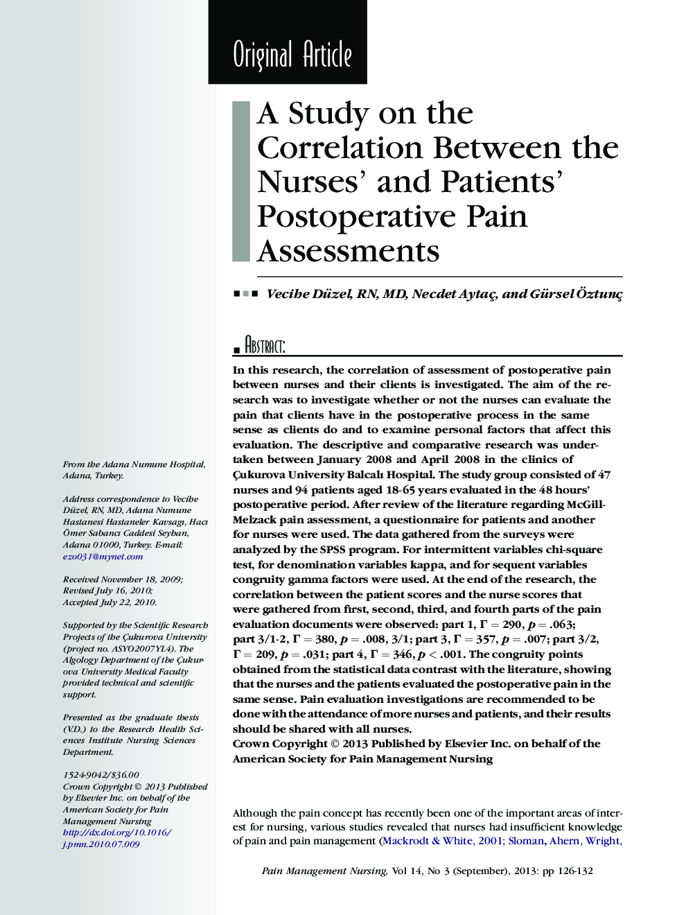 A Study on the Correlation Between the Nurses’ and Patients’ Postoperative Pain Assessments 