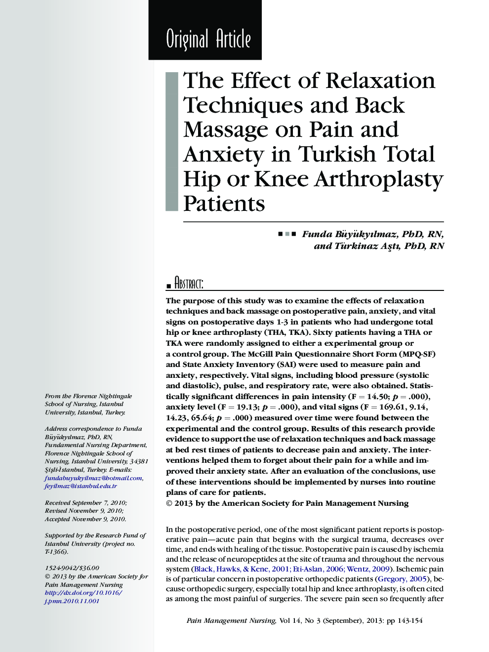 The Effect of Relaxation Techniques and Back Massage on Pain and Anxiety in Turkish Total Hip or Knee Arthroplasty Patients 