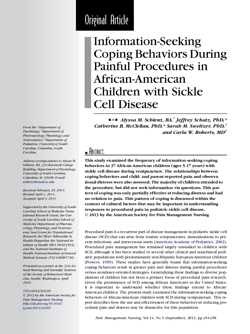 Information-Seeking Coping Behaviors During Painful Procedures in African-American Children with Sickle Cell Disease 