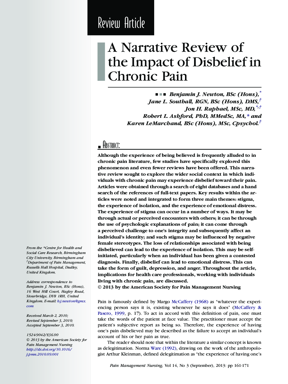 A Narrative Review of the Impact of Disbelief in Chronic Pain