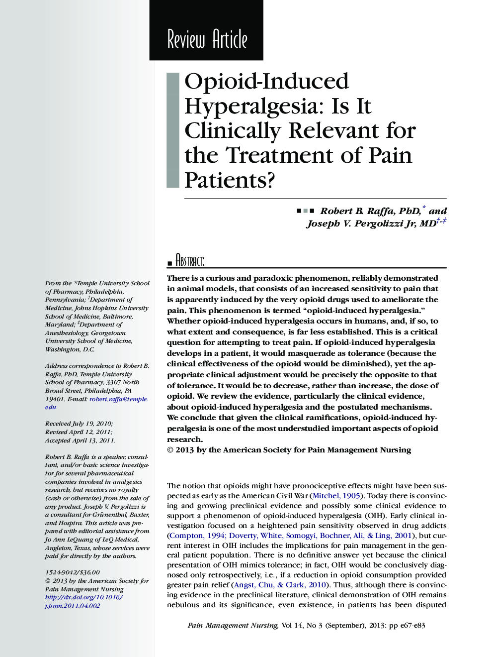 Opioid-Induced Hyperalgesia: Is It Clinically Relevant for the Treatment of Pain Patients? 