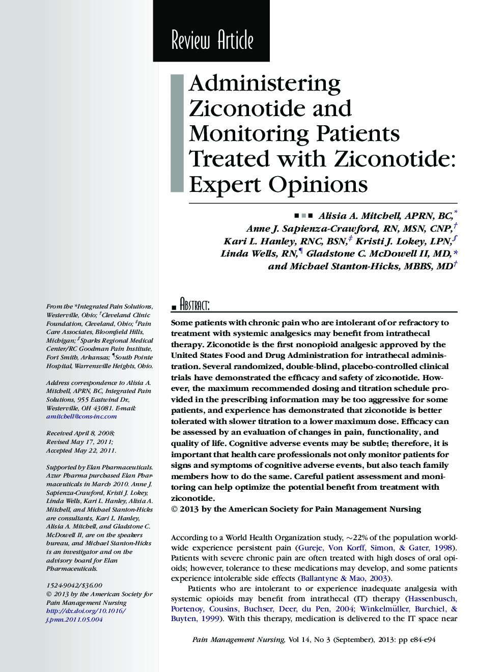 Administering Ziconotide and Monitoring Patients Treated with Ziconotide: Expert Opinions 