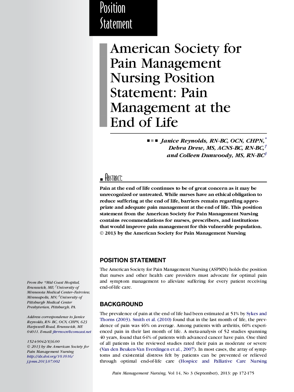 American Society for Pain Management Nursing Position Statement: Pain Management at the End of Life