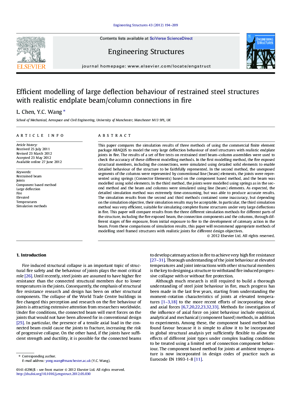 Efficient modelling of large deflection behaviour of restrained steel structures with realistic endplate beam/column connections in fire