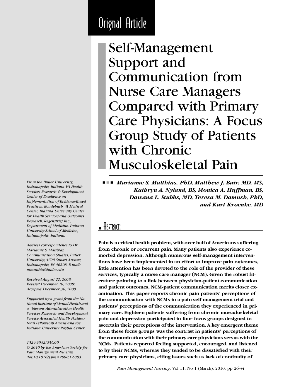 عکس صفحه اول مقاله: Self-Management Support and Communication from Nurse Care Managers Compared with Primary Care Physicians: A Focus Group Study of Patients with Chronic Musculoskeletal Pain Self-Management Support and Communication from Nurse Care Managers Compared with Primary Care Physicians: A Focus Group Study of Patients with Chronic Musculoskeletal Pain