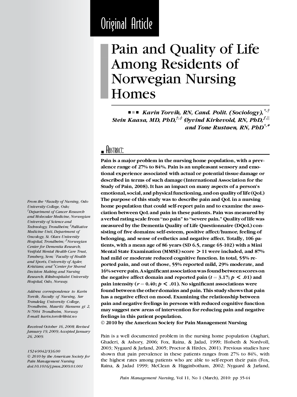 Pain and Quality of Life Among Residents of Norwegian Nursing Homes