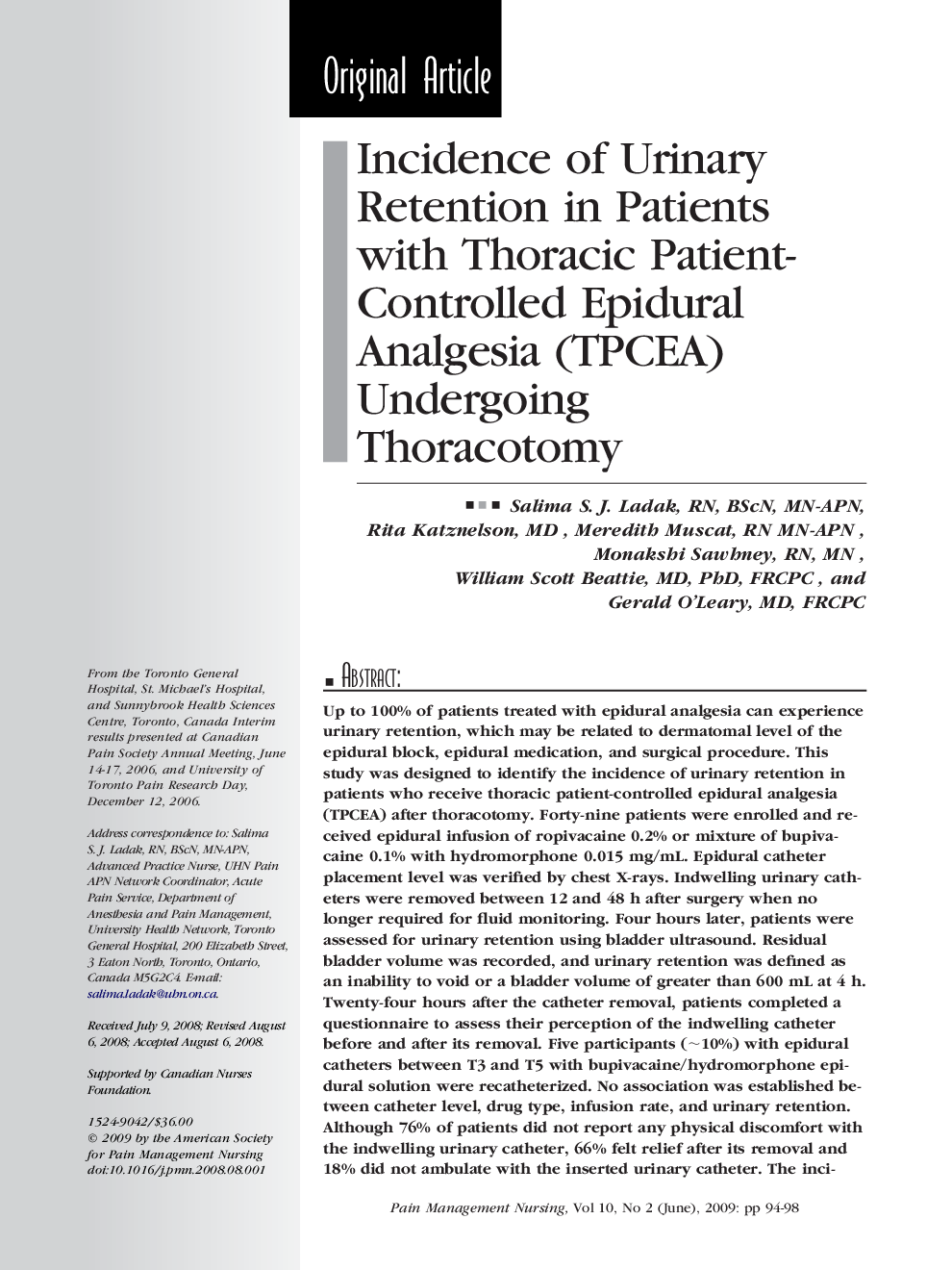 Incidence of Urinary Retention in Patients with Thoracic Patient-Controlled Epidural Analgesia (TPCEA) Undergoing Thoracotomy 