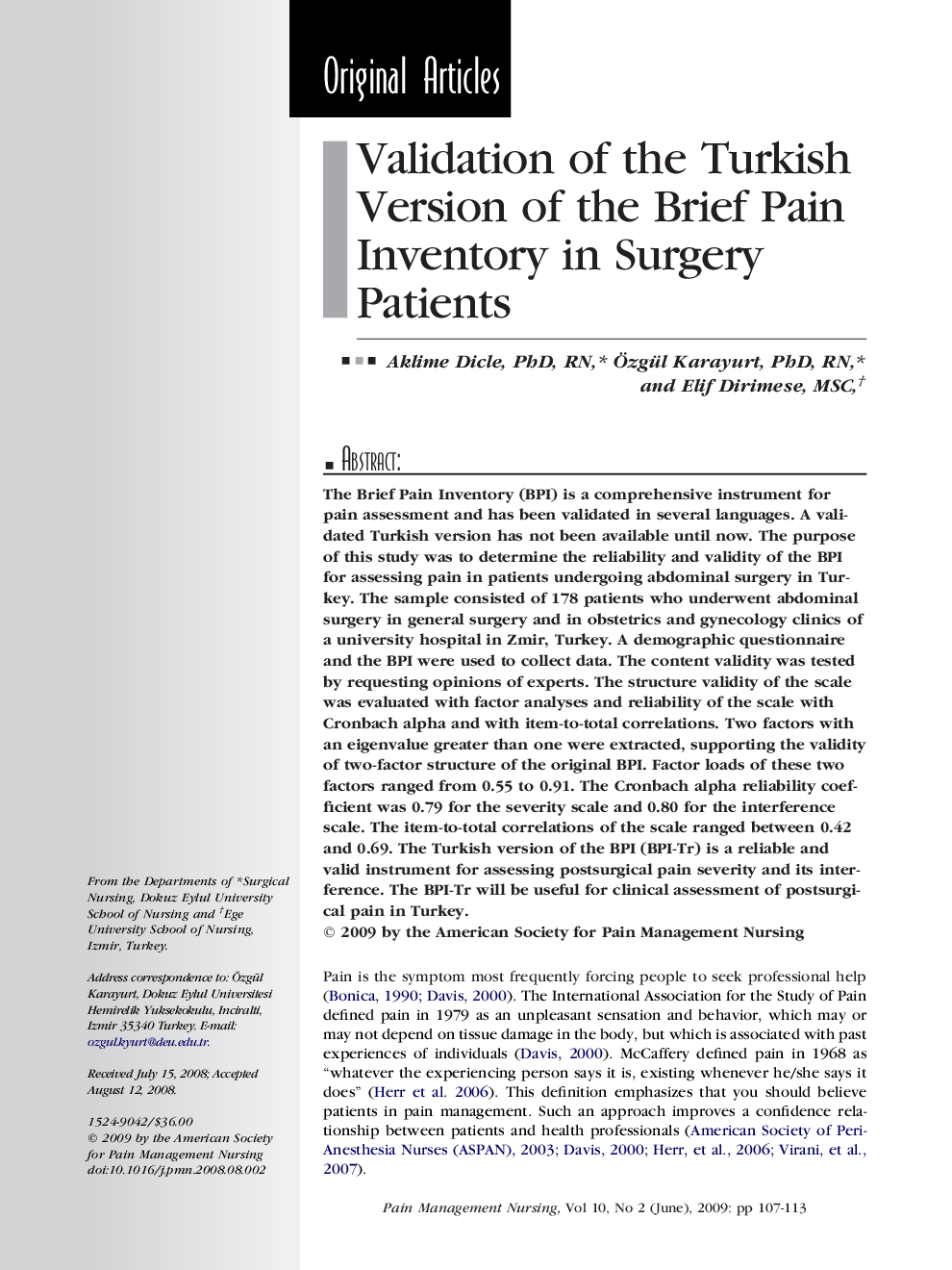 Validation of the Turkish Version of the Brief Pain Inventory in Surgery Patients