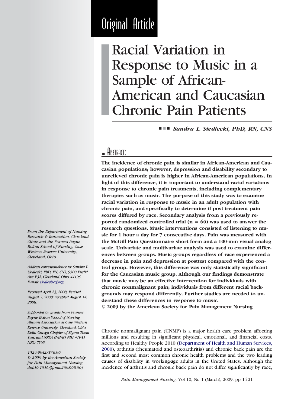 Racial Variation in Response to Music in a Sample of African-American and Caucasian Chronic Pain Patients 