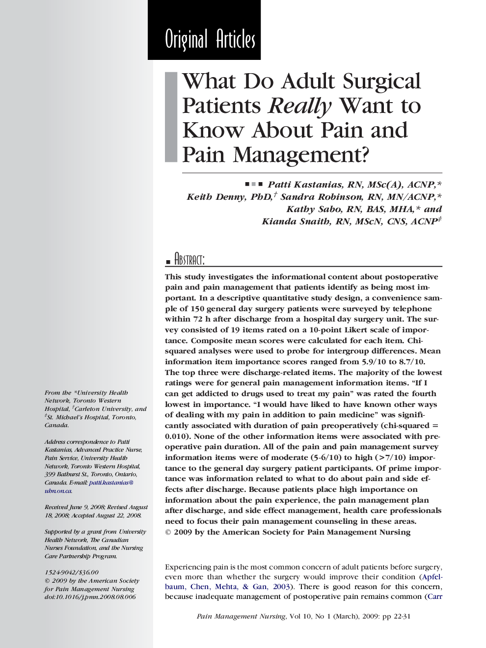 What Do Adult Surgical Patients Really Want to Know About Pain and Pain Management? 
