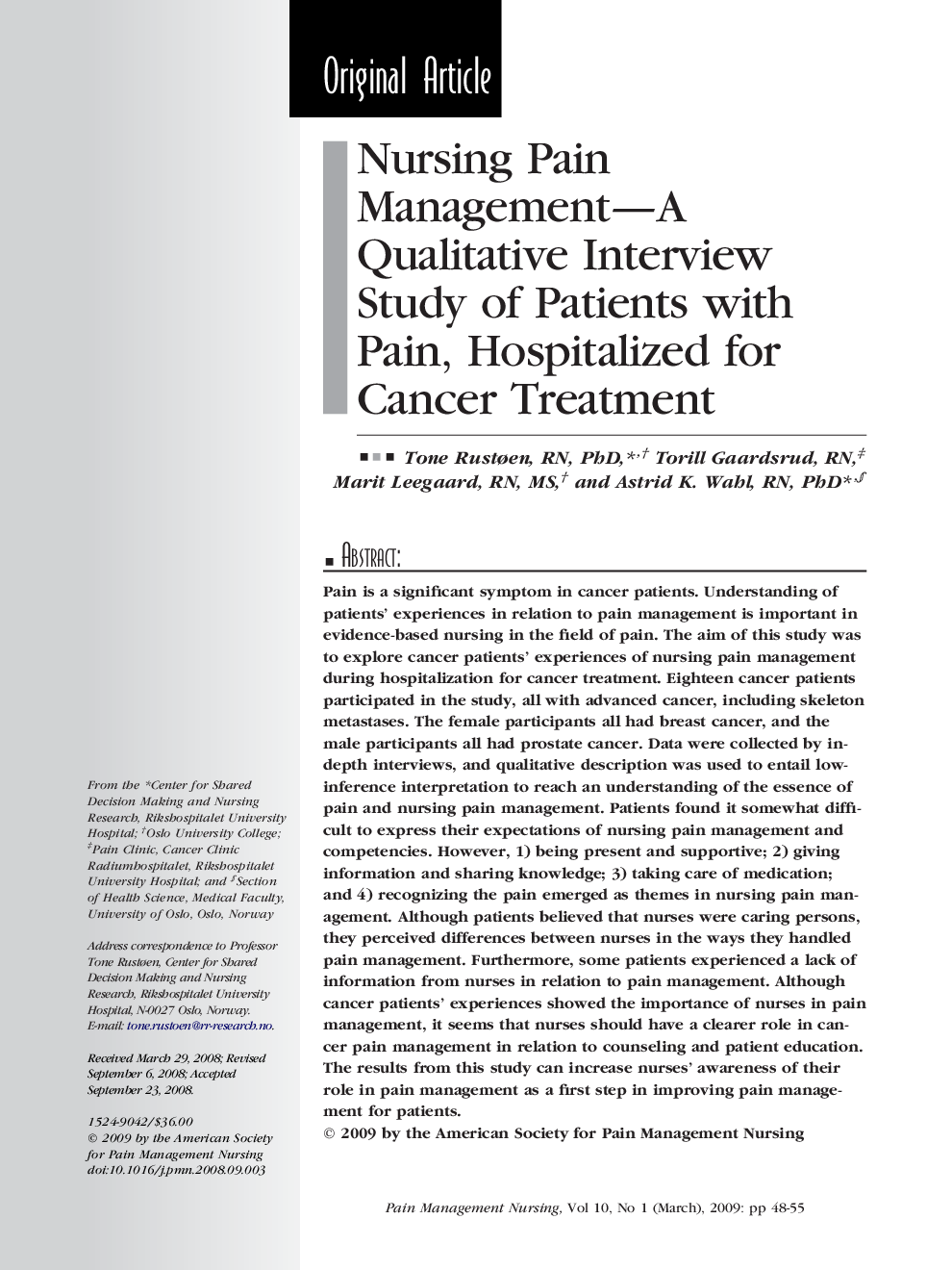 Nursing Pain Management—A Qualitative Interview Study of Patients with Pain, Hospitalized for Cancer Treatment