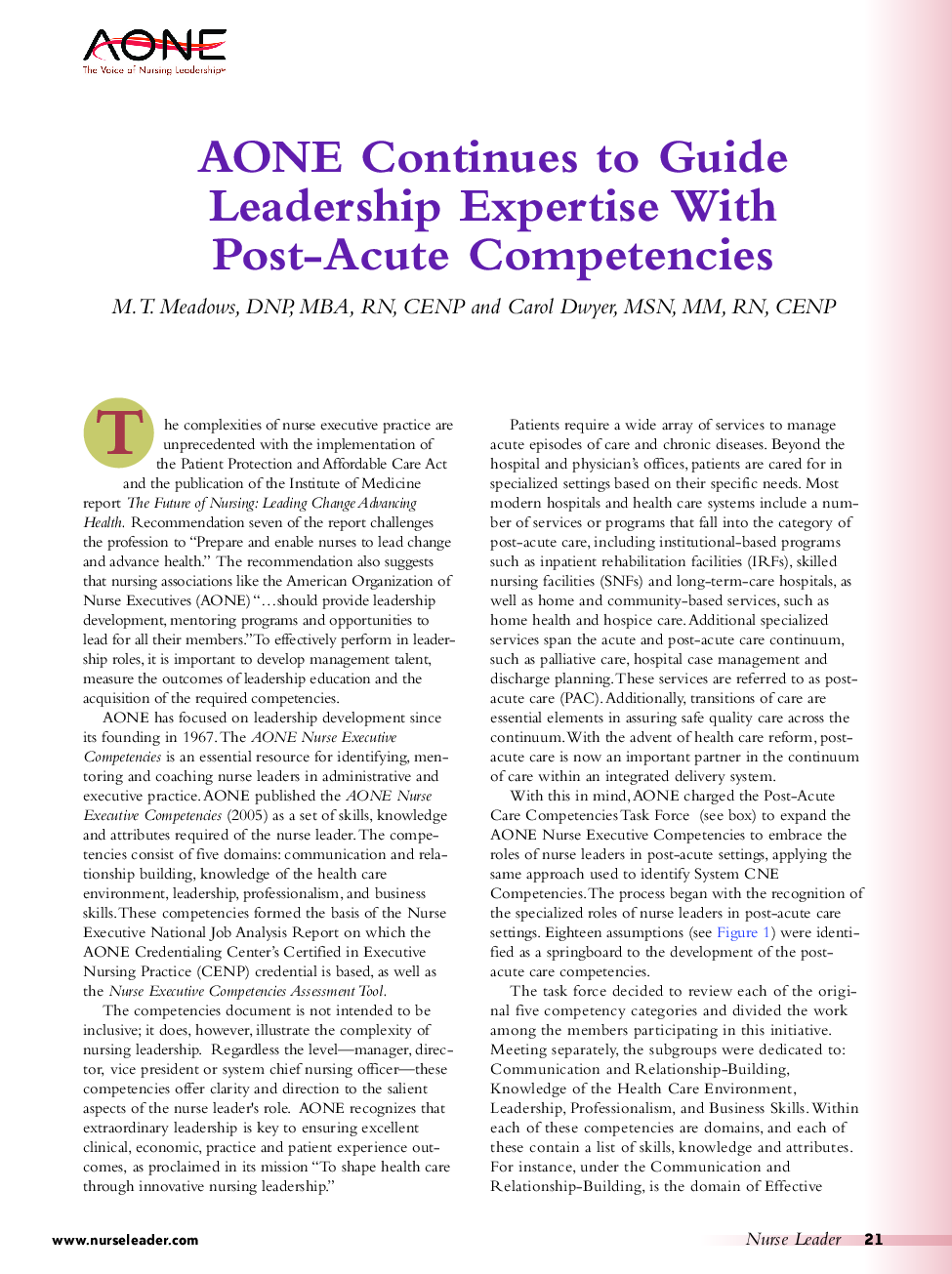 AONE Continues to Guide Leadership Expertise With Post-Acute Competencies