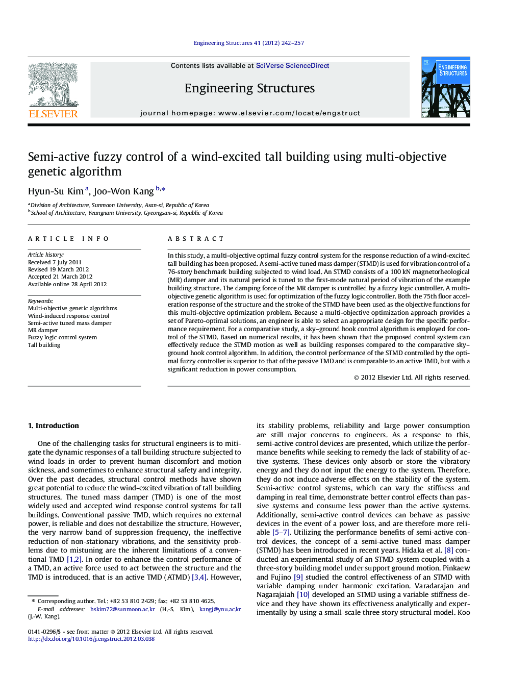 Semi-active fuzzy control of a wind-excited tall building using multi-objective genetic algorithm