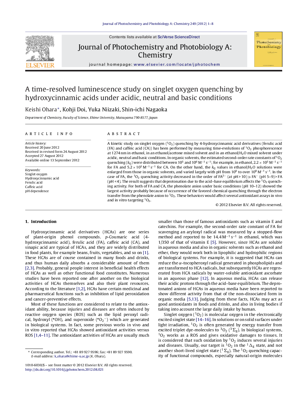 A time-resolved luminescence study on singlet oxygen quenching by hydroxycinnamic acids under acidic, neutral and basic conditions