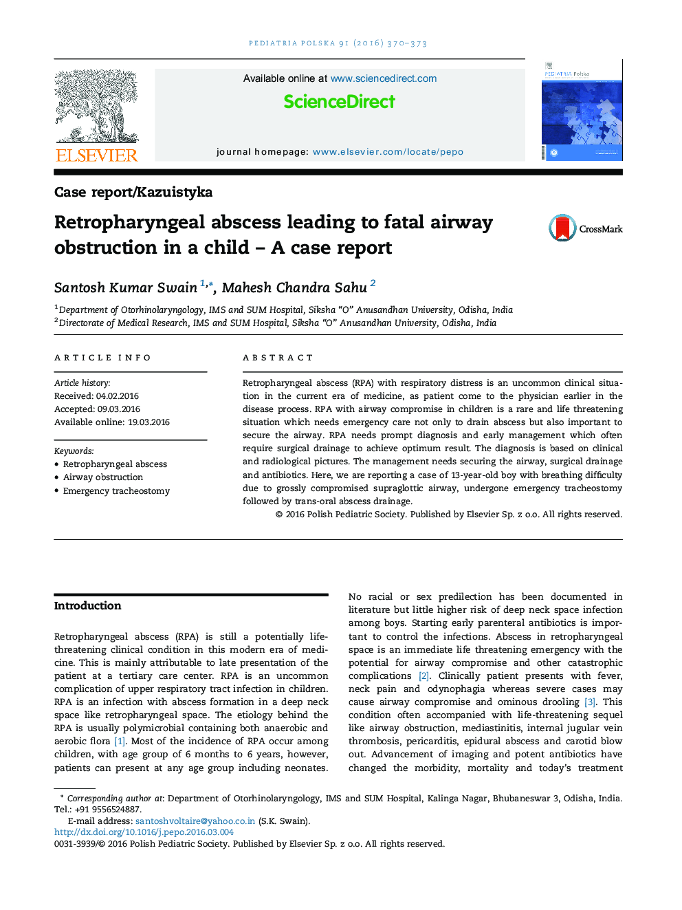 Retropharyngeal abscess leading to fatal airway obstruction in a child – A case report