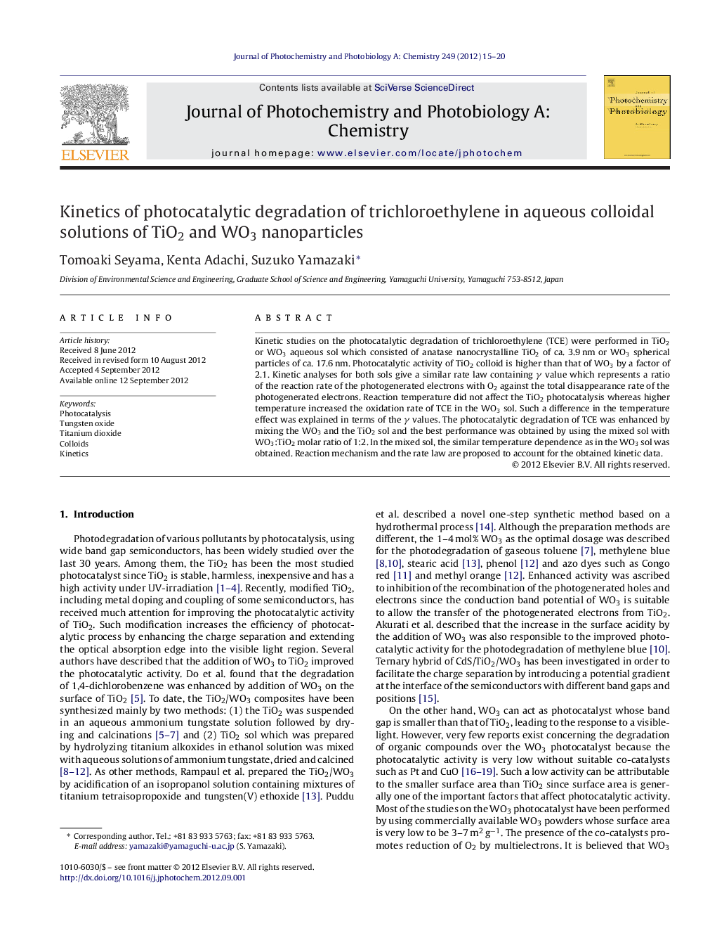 Kinetics of photocatalytic degradation of trichloroethylene in aqueous colloidal solutions of TiO2 and WO3 nanoparticles