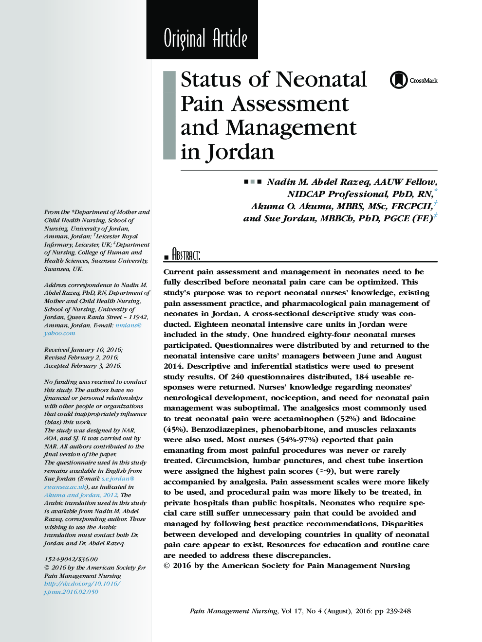 Status of Neonatal Pain Assessment and Management in Jordan 