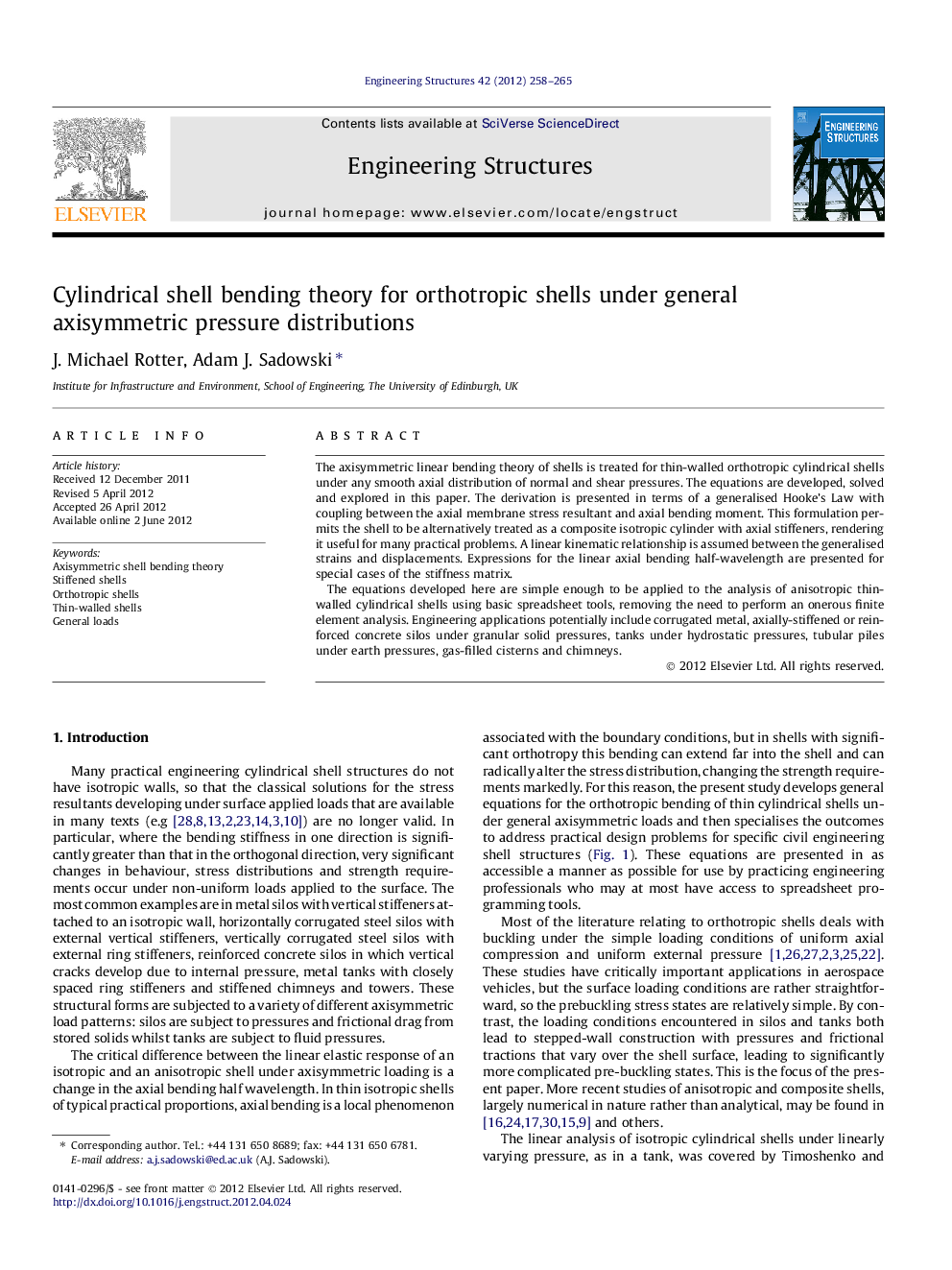 Cylindrical shell bending theory for orthotropic shells under general axisymmetric pressure distributions