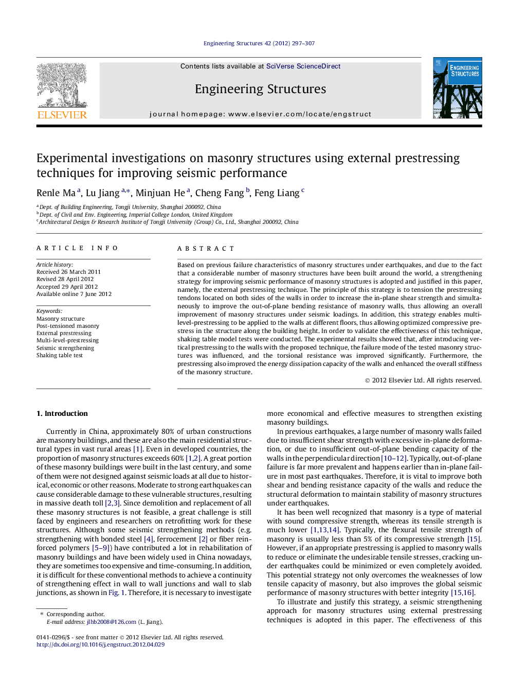 Experimental investigations on masonry structures using external prestressing techniques for improving seismic performance